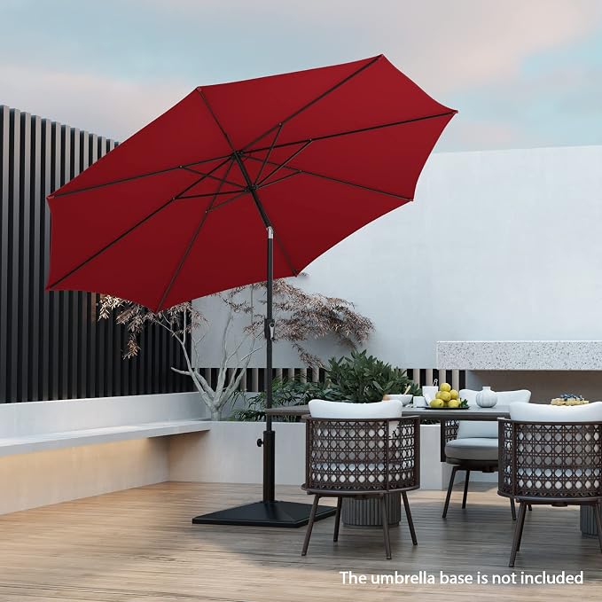 HAPPYGRILL 10 FT Solar Patio Umbrella with 112 LED Light, Outdoor Umbrella with Tilt Adjustment, Crank System, 8 Metal Ribs & Vented Top, Deck Table Market Umbrella for Garden Pool Deck Yard
