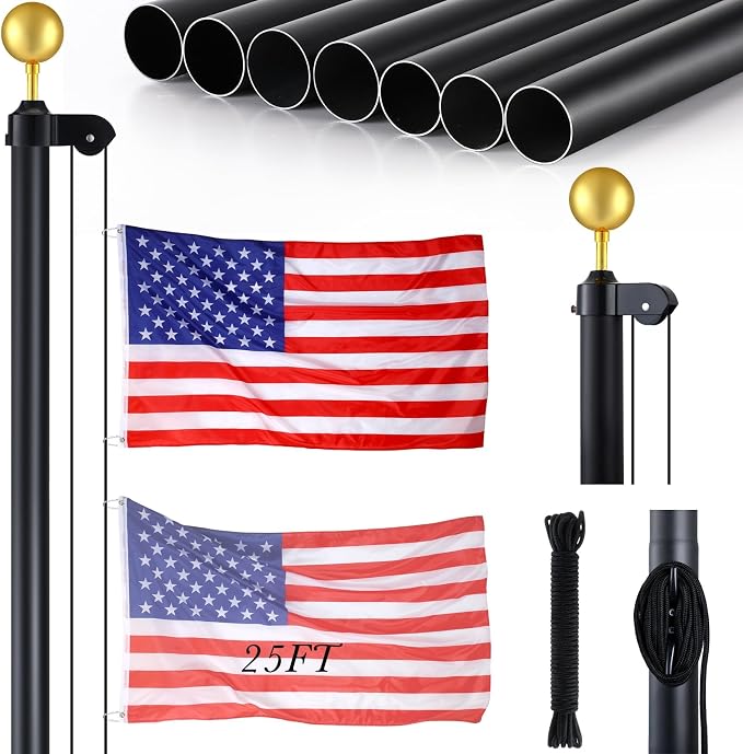 FuWeave Flag Poles for Outside House in Ground 25 ft Sectional Flag Pole Kit Extra Thick 16 Gauge Heavy Duty Aluminum Flag Pole with Gold Ball Top for Residential or Commercial(Black)