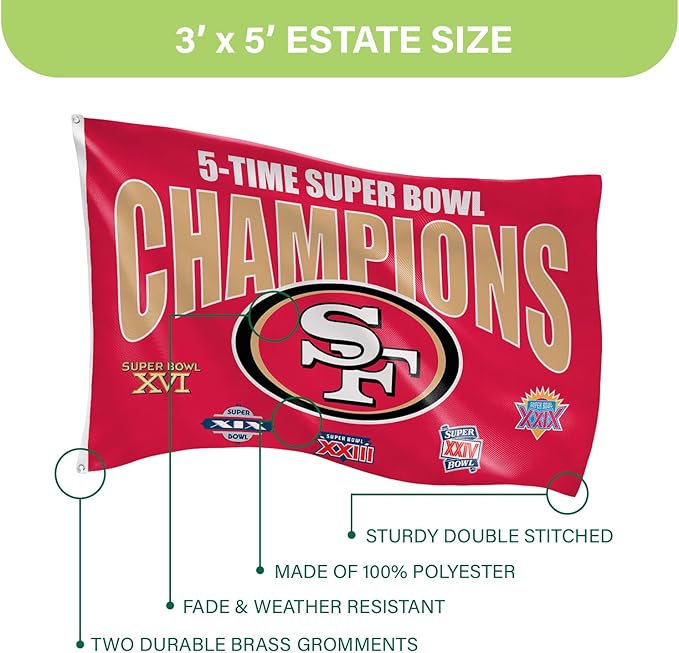 Team Sports America NFL San Francisco 49ers Multi-Win Superbowl Champions 3x5 Flag for Outside with Grommets | Outdoor & Indoor | Heavy Duty Flag & Banner | Works with Flag Pole for Outside House