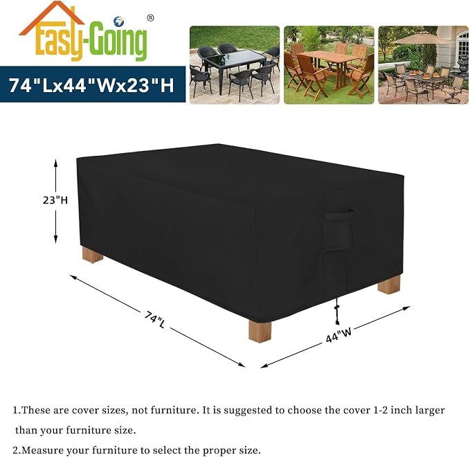 Easy-Going Patio Furniture Cover Waterproof Outdoor Rectangular Table Cover with Seal Tape at Seams (72"L x 44"W x 23"H, Black)