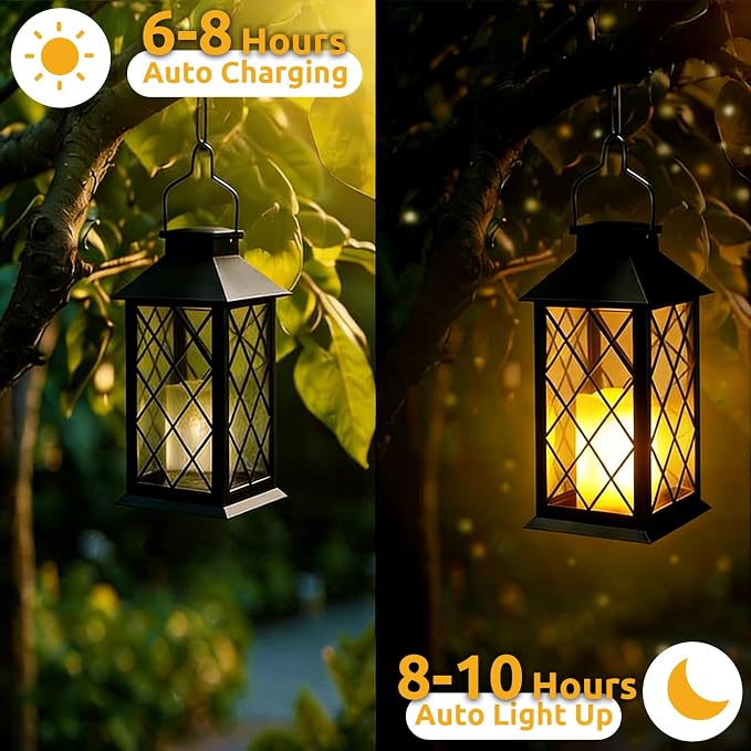 2 Pack 14" Large Tempered Glass Solar Lanterns Outdoor Waterproof, Hanging Solar Lights with Flickering Flameless Candles, Solar Lantern for Wall Porch Patio Table Garden Decoration (Black)