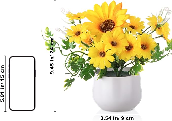 Zeyune 8 Pcs Sunflower Potted Plants Rustic Summer Spring Kitchen Wedding Table Centerpieces Silk Yellow Fake Flower with Plastic Pot for Home Bathroom Office (Stylish,Sunflower)