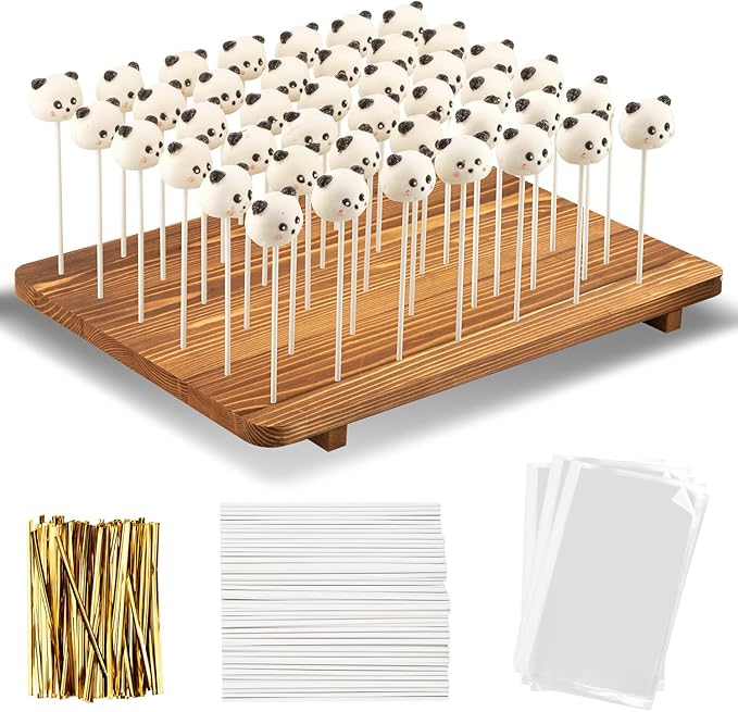 48-Hole Wooden Cake Pop Stand for Drying/Display ，300 Accessories（Cake Pop Bag x100，Gold Twist Tie x100，Cake Pop Stick x100）- Dessert Table Holder for Birthdays, Baby Shower, Weddings