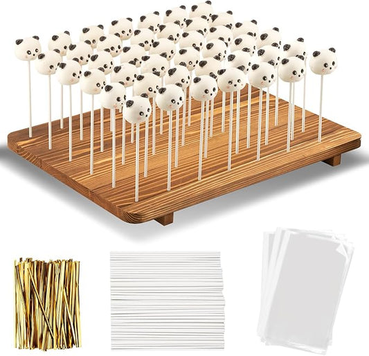 48-Hole Wooden Cake Pop Stand for Drying/Display ，300 Accessories（Cake Pop Bag x100，Gold Twist Tie x100，Cake Pop Stick x100）- Dessert Table Holder for Birthdays, Baby Shower, Weddings