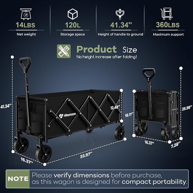Hikemoon 34'' Extra Long Collapsible Wagons Carts Foldable, 360LBS Heavy Duty Folding Beach Wagon Cart with Wheels, Portable Utility Outdoor Wagon for Grocery, Shopping, Garden, Sports, Camping, Black