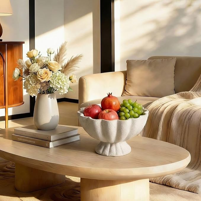 Pedestal Decorative Bowl Home Decor - 7.9" Morden Resin Handmade Decorative Fruit Bowl for Kitchen Counter, Chic Ruffle Bowl Centerpiece Decor for Dining Table Coffee Table (Spotted White)