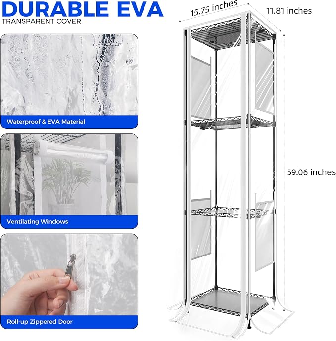 CX83Z Indoor Greenhouse with Grow Light, 4-Tier Corner Plant Stand, 30W Full Spectrum Growing Light Panels, Mini Greenhouse with Tent for Seed Starting, 3/6/12h Timer, 15.7 x 11.8 x 59.1IN