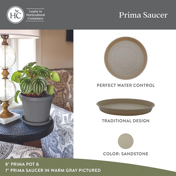 The HC Companies 10.5 Inch Prima Round Plant Saucer, Lightweight UV-Resistant Plastic Outdoor & Indoor Flower Pot Tray, 2-Pack Plant Pot Trays for Garden & Home Decor, Sandstone