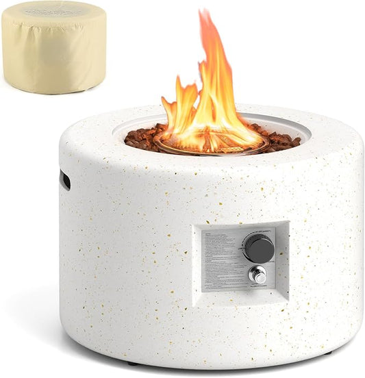 Tangkula Propane Fire Pit Table, 25.5” Round Terrazzo Gas Fire Pit with Stainless Steel Burner & Lava Rocks, Protective Cover & Tank Seat Included, 40,000 BTU Smokeless Fire Pit for Outside Patio