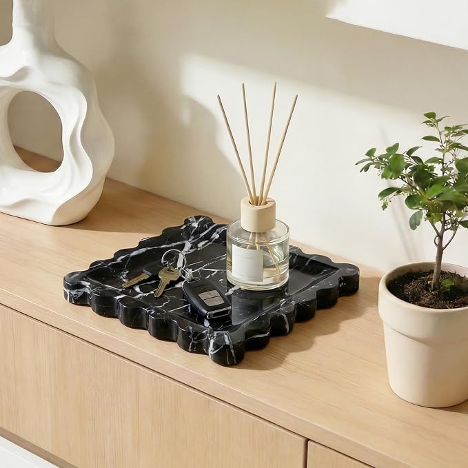 Scalloped Square Marble Decorative Tray, Natural Stone Vanity & Jewelry Tray, Trinket Organizer for Ring, Key, Dresser, Nightstand, Bathroom Counter & Kitchen Sink(Black)
