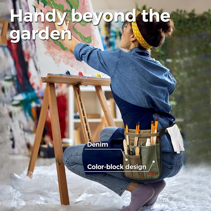 Garden Tool Belt for Women & Men, Slim Denim Garden Apron with 4 Pockets, Lightweight Adjustable Tool Pouch for Gardening, Florist, DIY & Craft, Green