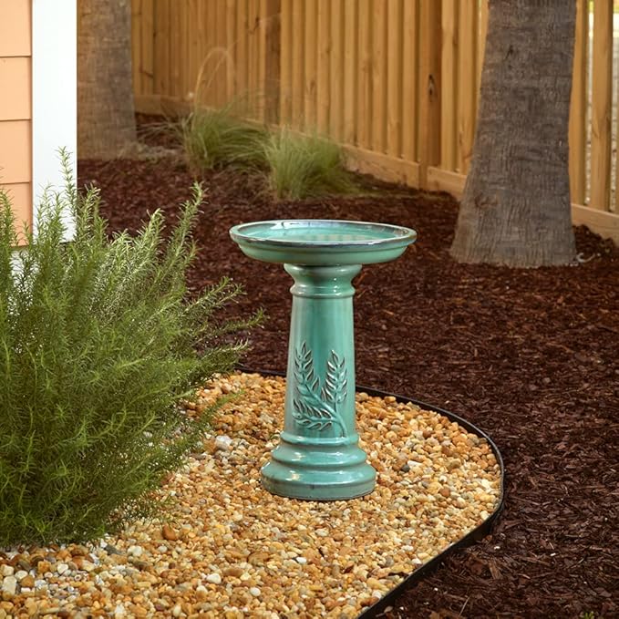 Smart Solar Wingate Outdoor Ceramic Birdbath with Pedestal Stand and Glossy Finish, Elegant Traditional Birdbath for Garden, Mint