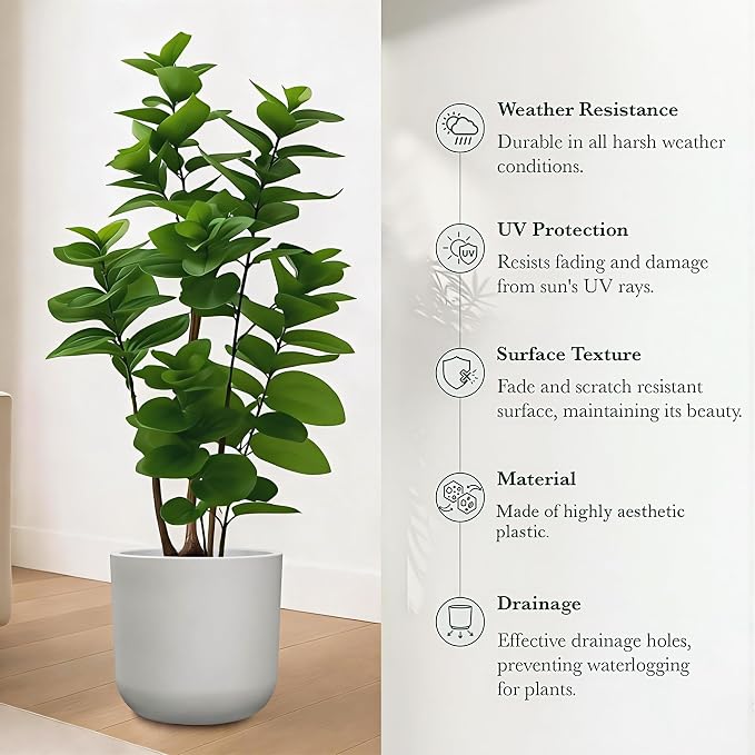 11 Inch White Planter, Large Plastic Plant Pots with Drainage Holes and Rubber Plug, UV Resistant Indoor Outdoor Flower Pot, Modern Decorative Cylinder for Home & Office, Chalk White
