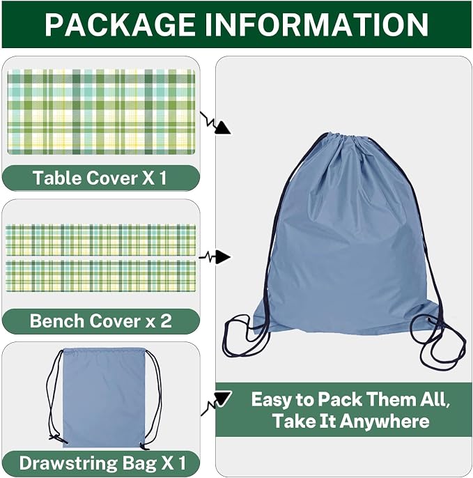 Picnic Table Cover with Bench Covers Elastic Edges, Green Camper Fitted Table Cover, Outdoor Patio Camping Essentials 72 Inch 3PCS, Waterproof Camping Fitted Tablecloth with Drawstring Bag