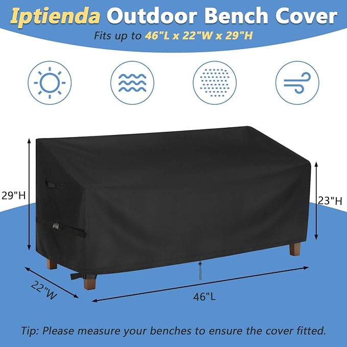 Outdoor Bench Cover for FDW Garden Benches, 46inch Patio Bench Covers Waterproof Heavy Duty for Entryway Bench/Porch Benches, Black-46x22x29in