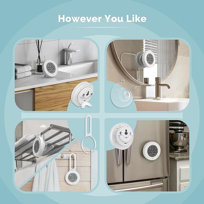 KADAMS Shower Clock Waterproof Bathroom Timer – Digital Wall Clock with Countdown, Magnetic Kitchen Clock with Temperature & Humidity, Suction Cup for Kids Shower Spa Cook Bath (Peal)