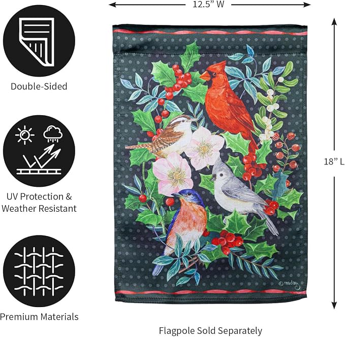 Evergreen Flag Winter Bird Friends Lustre Garden Flag 12x18 Double Sided | Christmas Garden Flag for Outside| Weather and Fade Resistant | Outdoor Flag For Yards and Gardens