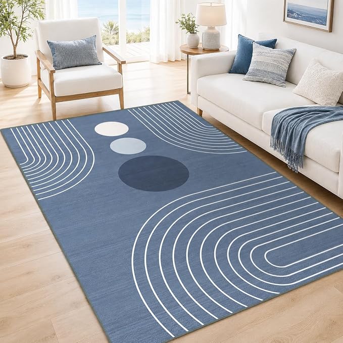 Area Rug 5x7 Boho Modern Minimalist Geometric Abstract Rug Dusty Blue Mid Century Modern Rug for Living Room Machine Washable Non-Slip Printed Low Pile Indoor Carpet for Bedroom Dining Room Office