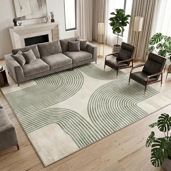 6x9 Green and Beige Modern Geometric Arch Stripe Area Rug | Machine washable, non-slip, low-pile faux cashmere rug for living room, bedroom, dining room, and home office.