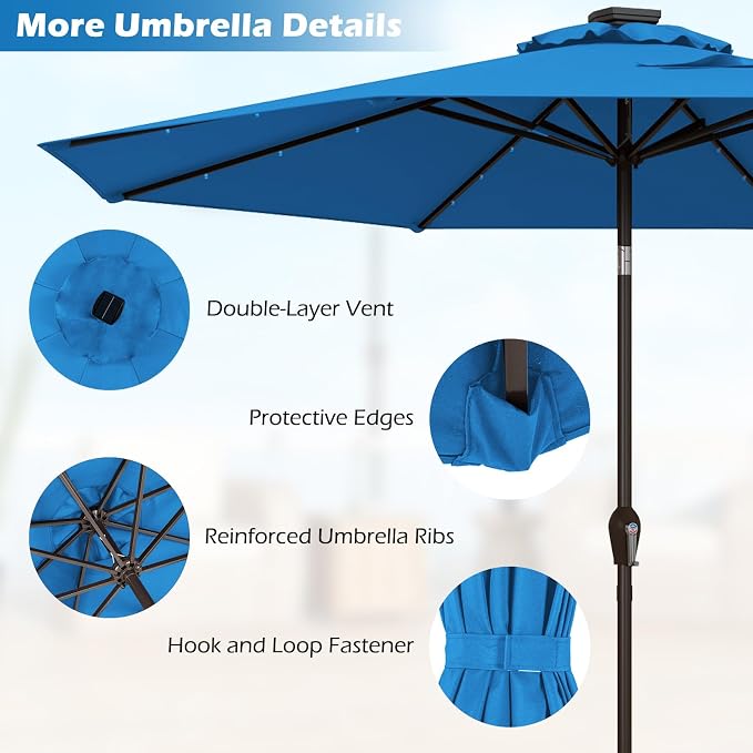 Giantex 9ft/10ft Outdoor Patio umbrella with Solar Lights, Table Market Umbrella with Crank and Push-button Tilt System, Solar LED Lighted Patio Umbrella for Backyard Deck Pool Beach