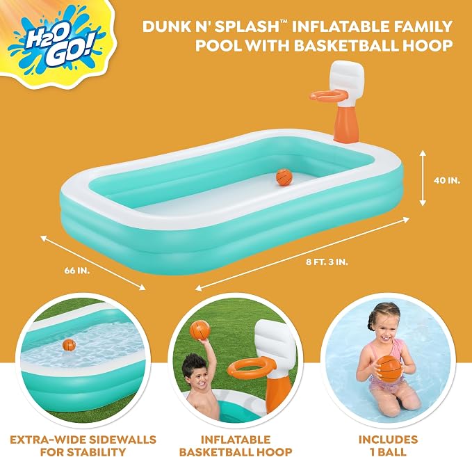H2OGO! Inflatable Family Kiddie Pool, Dunk'n Splash 8'3" x 66" x 40" Outdoor Inflatable Swimming Pool with Basketball Hoop for Kids