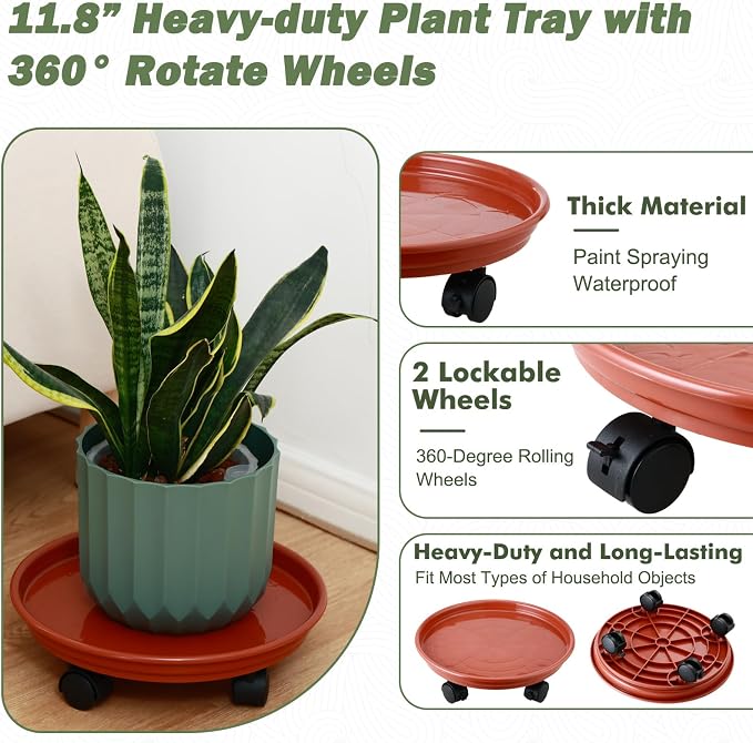 4 Packs Plant Caddy with Wheels 11.8" Plastic Rolling Plant Stands Heavy-Duty Plant Dolly with Casters Indoor Outdoor Wheeled Plant Roller Base Large Planter Saucers Plant Mover