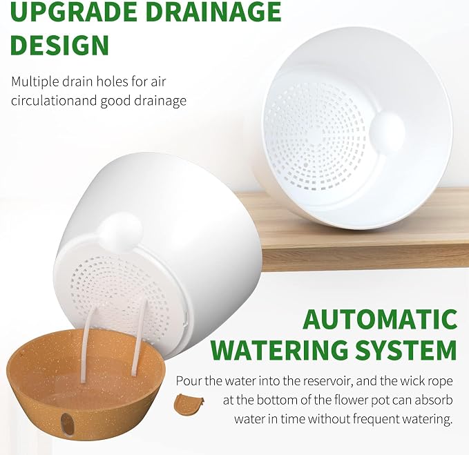 12/10/9/8/6 Inch Self Watering Pots for Indoor Outdoor Plants, Set of 5 Large Plastic Planters with Visual Water Window, Drainage Holes & Watering Lip, Modern Decorative Flower Pots (White)