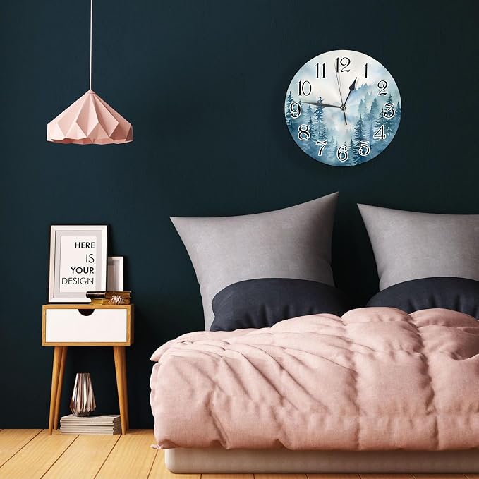 Forest Frameless Wall Clock Misty Mountain Nature Scenic with Foggy Woods and Pine Trees Light Blue White PVC Waterproof Non Ticking Bathroom Bedroom Battery Operated Wall Clock 10x10 Inch