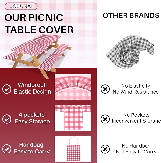 Jobunai Fitted Picnic Table Cover with Bench Covers Elastic Waterproof Outdoor Camping Tablecloth for 6 Foot Rectangle Tables Camper Summer Accessories Rv Car Essentials Vacation Gifts for Men Women