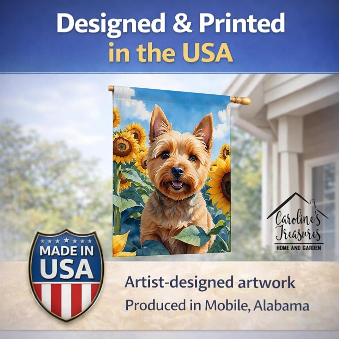 Caroline's Treasures DAC6127CHF Norwich Terrier in Sunflowers House Flag Large Porch Sleeve Pole Decorative Outside Yard Banner Artwork Wall Hanging, Polyester, House Size, Multicolor
