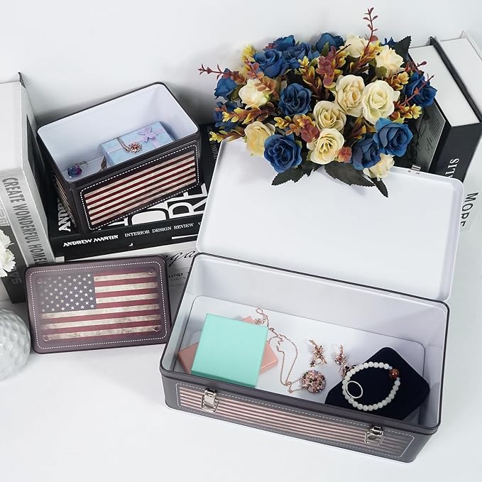 DreamsEden Tin Metal Keepsake Boxes, Vintage American Flag Decorative Storage Box with Lid for Keepsakes Memory Seed Tea Container, Set of 2