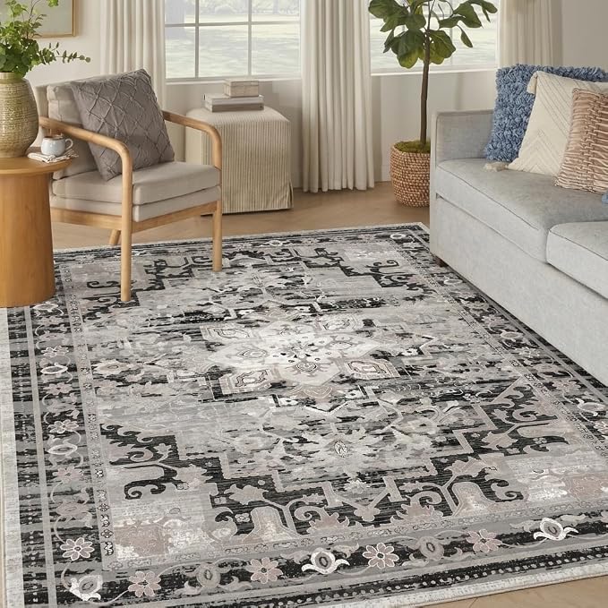 Washable Area Rug 8x10, Grey Vintage Persian Style Floral Living Room Rug | Machine-Washable Rug, Distressed Design Area Rugs, Modern Classic Transitional Style, Bedrooms Rug, Non-slip Backing