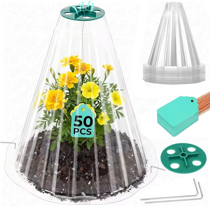 Cloches for Plants, Transparent Plant Covers, Garden Cloches with Humidity Domes, Securing Pegs and Plant Labels, Reusable Plant Protectors from Animals Plant Bell Cover (Transparent-50pcs-M)
