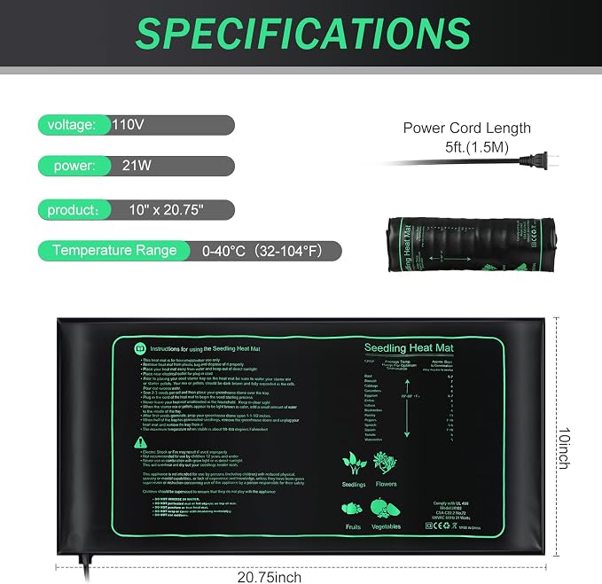 ROCEEI 8 Pack Seedling Heat Mat Bulk, 10" x 20.75" Heat Mats for Seed Starting Plant Heating Mat Grow Mats Waterproof Hydroponic Heating Pad Warm Seed for Greenhouse Plants Germination Grow