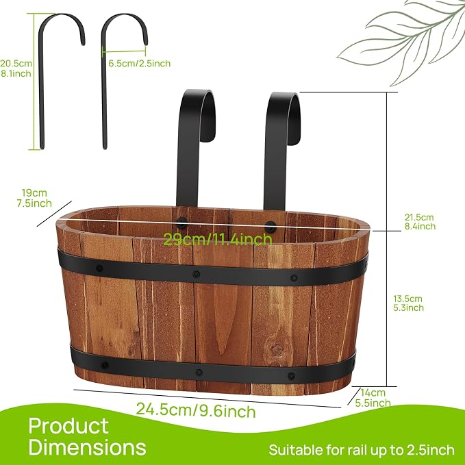 2PACK Cute Railing Planter Boxes Wood Hanging Flower Pots for Railing Fence Outdoor Balcony Planters for Wall Window Flower Box Hanging Bucket Pots Countryside plant Holder (Brown,2pcs,Small)
