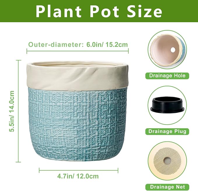 Ceramic Pots for Plants - 6 Inch Plant Pot for Indoor Succulent Plants, Round Planters with Drainage Hole, Decorative Flower Pots, Garden House Room Decor, Gardening Gifts for Women, Blue