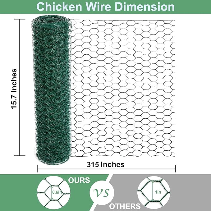 Mklsit Chicken Wire 15.7 x 315 Inches Chicken Wire Fencing Mesh Green PVC Coated Floral Chicken Wire for Crafts Poultry Garden, Hexagonal Galvanized Chicken Coop Rabbit Wire Fencing Netting
