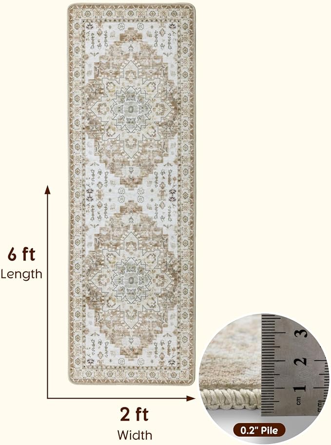 LBRO2M Machine Washable Rug Soft Pet Friendly Carpet 2X6 Cream | Persian Runner Rug 2X6 for HallWay, Bedroom, Kitchen, Laundry Room, Non Slip Carpet, Foldable Stain Resistant Rugs