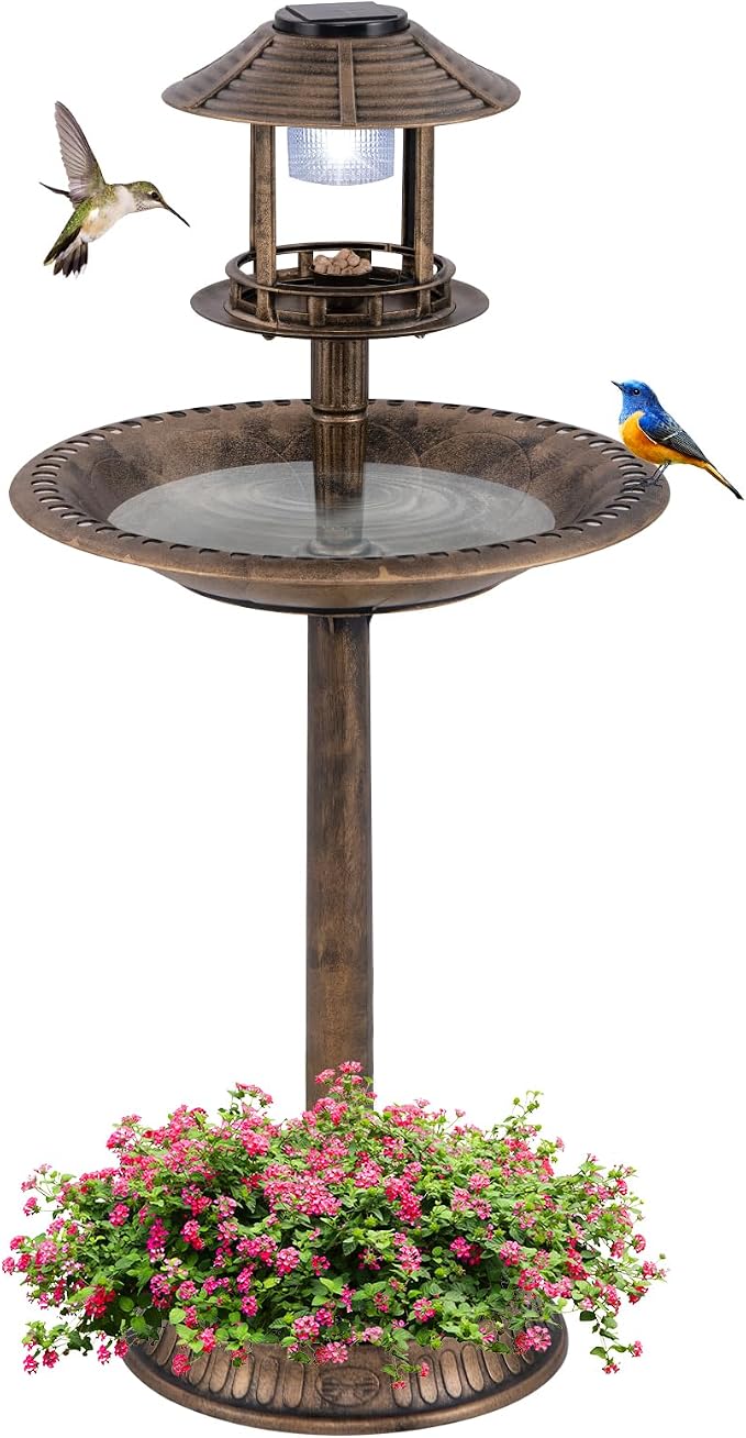 LDAILY Outdoor Bird Bath, 42’’ Solar Lighted Pedestal Birdbaths with Birds Feeder ,20’’ Water Bowl, Flower Planters and 3 Stakes, Attract Birds Antique Bird Bath for Outside Garden, Yard (Bronze, 42‘’)