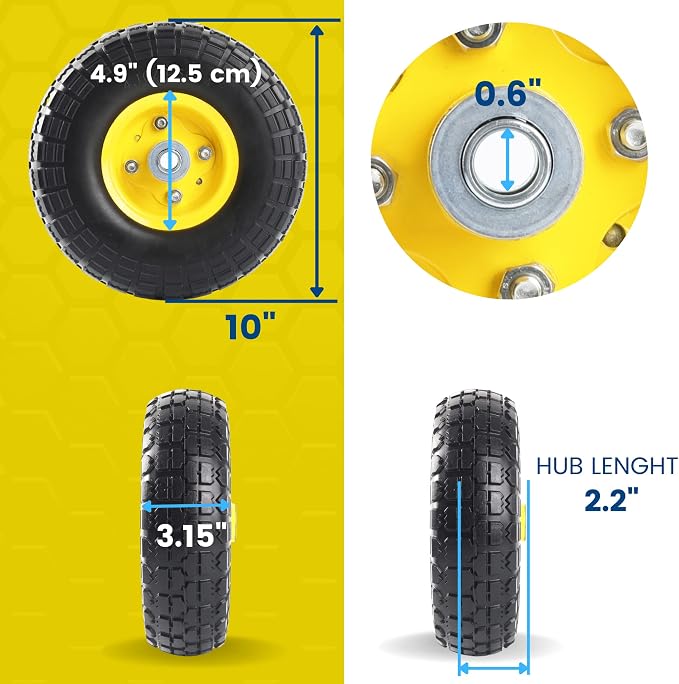 AR-PRO (4-Pack) 4.10/3.50-4" Flat Free Tire and Wheel - 10 Inch Solid Rubber Tires with 5/8" Bearings, 2.2" Offset Hub - Compatible with Garden Wagon Carts,Hand Truck,Wheelbarrow,Dolly,Utility Cart