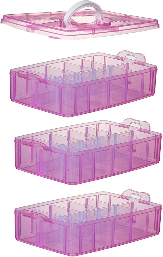 Sooyee Bead Organizer, 3-Tier Craft Organizers and Storage, Stackable Storage Containers with 30 Compartments Dividers for Washi Tape, Toy, Nail, Art Supplies, Fishing Tackle, Pink