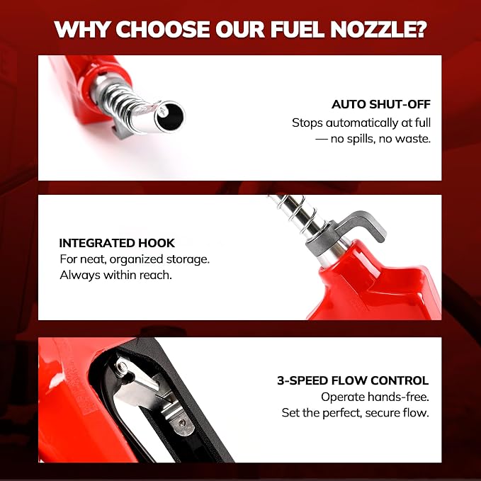 3/4" NPT Automatic Fuel Nozzle, Gas Pump Nozzle with Fuel Hose Swivel & Hook. Auto Shut-Off, Max Flow 16 GPM, 3-Speed Padlock. For Gasoline, Diesel, Kerosene, Biodiesel up to B20. Red
