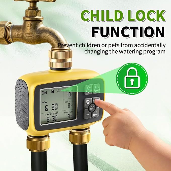 Boltigen Upgraded Brass Sprinkler Timer-2 Zone Water Hose Timers with Metal Inlet & Outlet-Waterproof & Programmable Design Timer Rain Delay & Manual Watering, for Outdoor Garden Irrigation Lawn Yard