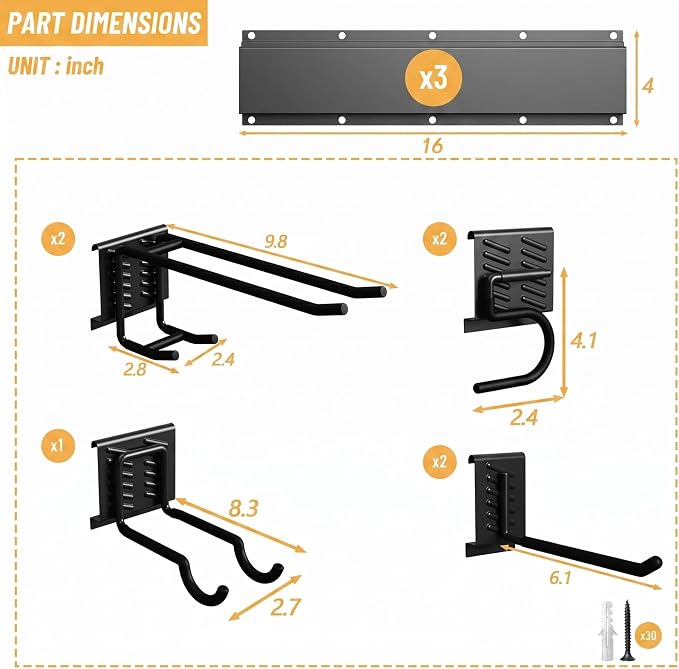 CBWLWJ Garage Tool Organizer Wall Mount, 48 inch Garage Wall Organizer, 400lbs Sturdy Garden Tool Organizer with 7 Adjustable Hooks, for Yard, Shed, Basement, Workshop(Black)