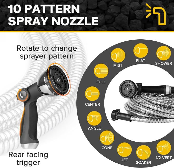 Metal Garden Hose 25ft Heavy Duty Stainless Steel Water Hose with Sprayer & Metal Fittings Flexible Lightweight Hose Puncture Proof Hose for Yard, Outdoors, Rv