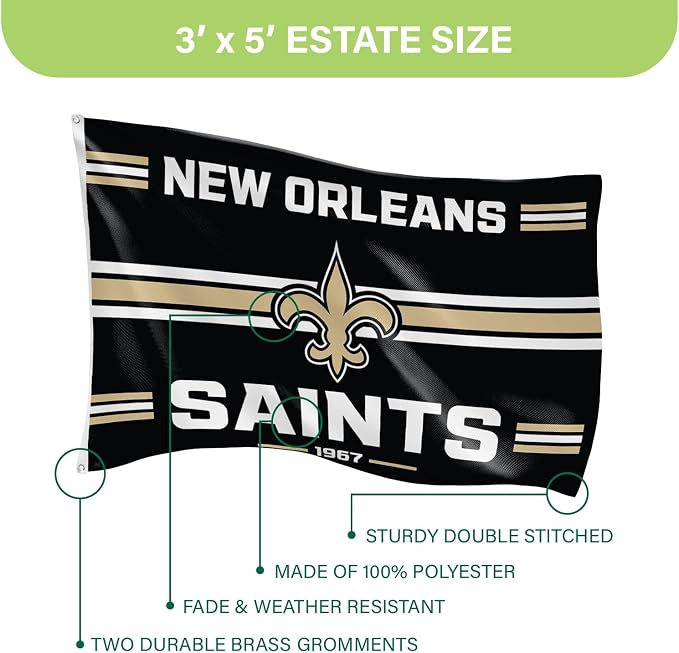 NFL New Orleans Saints Vintage Flag | 3 x 5 Estate Flag with Grommets | Heavy Duty Banner for Outdoor Garden Patio Decoration | Indoor Wall Decor for Room | Works with Flagpoles for Outside House (New Orleans Saints-Vintage)