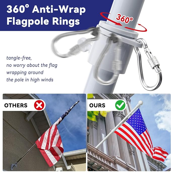 American Flag with Pole for House, 6FT Flag Pole Kit with us flag 3x5 heavy duty outdoor indestructible, Tangle Free Flag Pole with Bracket for Residential, Commercial, Outdoors Garden, White