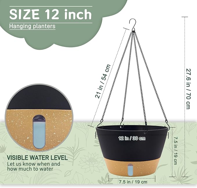 ZMTECH 12 Inch Hanging Planters for Indoor, 2 Pack Large Hanging Plant Pot with Visible Water Level and Chain, Self Watering Hanging Flower Pot for Outdoor Garden Porch(Dark Gray)
