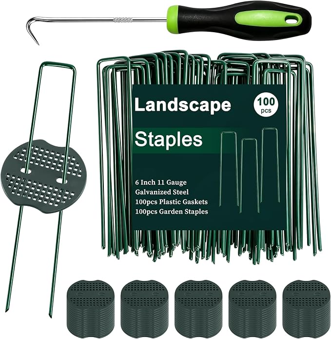 FEED GARDEN 6 Inch 100 Pcs Galvanized Landscape Staples 100 Pcs Gaskets Pick Hook Garden Stakes 11 Gauge Anti-Rust Landscaping Fabric SOD Pins U Shaped Yard Turf Stakes for Weed Barrier Fabric Green
