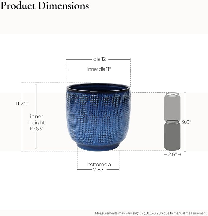 LuxenHome 12" Dia Round Ceramic Plant Pots, Modern Blue Glazed Large Planters Pot for Outdoor Plants with Drainage Hole and Rubber Plug, Decorative Indoor Flower Pots for Home Garden Patio